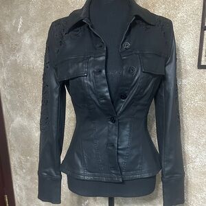 Women's Black Fitted Faux Leather Jacket with Embroidered Details